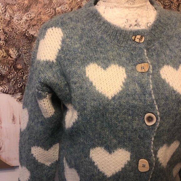 Cardigan sweater heart blue knit button womens winter thick sweater Long sleeve - Picture 7 of 9